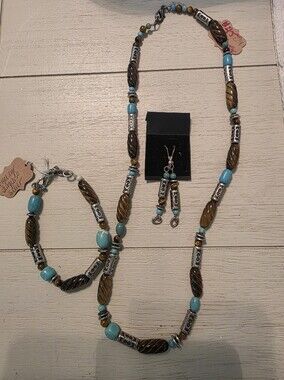 TIGERSEYE +TURQUOISE Silver ARTESIAN  custom made"'3 pc set"